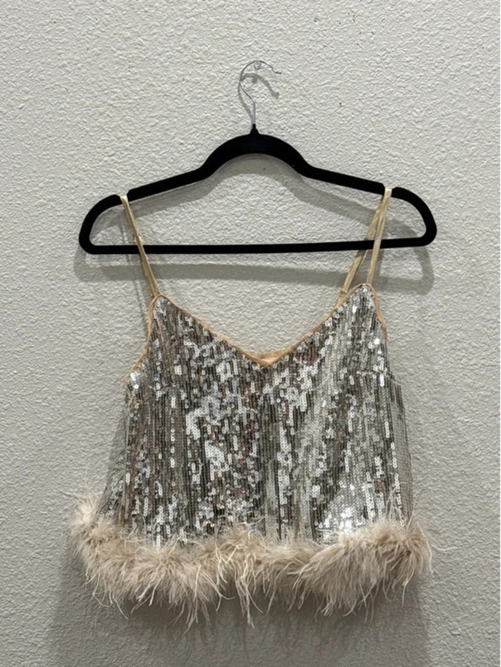 Lulu’s Perfectly Glowing Champagne Sequin Feather Cami Top Medium